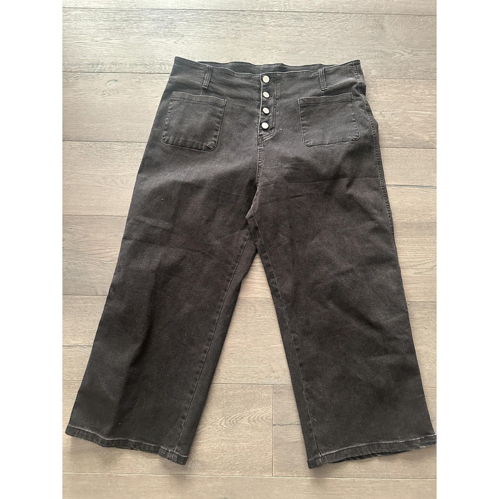 Wide Leg Cropped Jeans Womens Size 18 Denim High Rise Button Fly‎ Patch Pockets